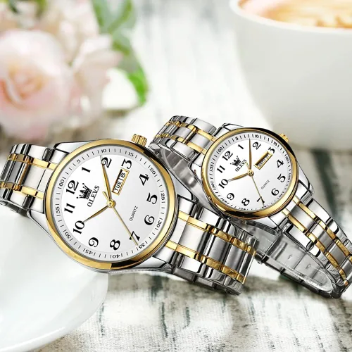 Vista 42 de OLEVS Juego de 2 relojes de cuarzo para parejas de San Valentín, calendario luminoso, ventana de fecha, 3 ATM, impermeable, casual, acero