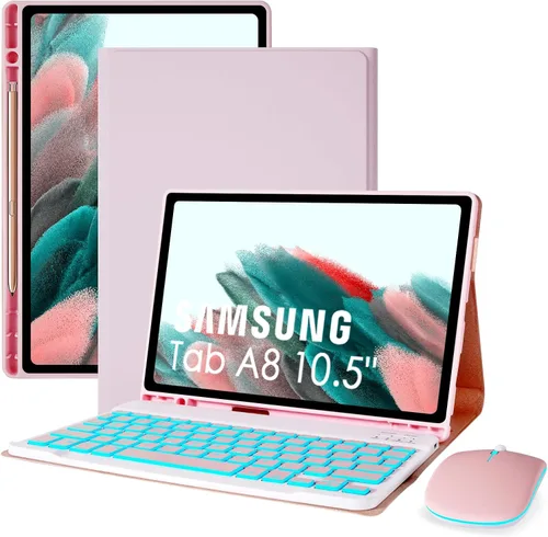 Vista 10 de LAMA Funda con teclado retroiluminado de 7 colores con mouse para Samsung Galaxy Tab A8 de 10.5 pulgadas, funda de teclado inalámbrico con soporte