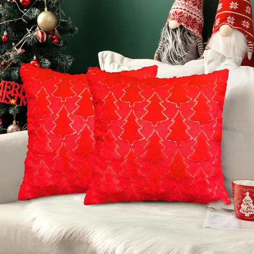 Vista 8 de Juego de 2 fundas de almohada de Navidad de 18 x 18 pulgadas, fundas de almohada beige con patrón de árbol de Navidad, fundas de cojín de piel