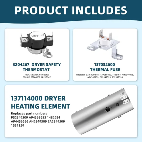 Vista 4 de Elemento calefactor para secadora 137114000 por termostato AMI PARTS 3204267 y limitador térmico 137032600, compatible con secadora Frigidaire