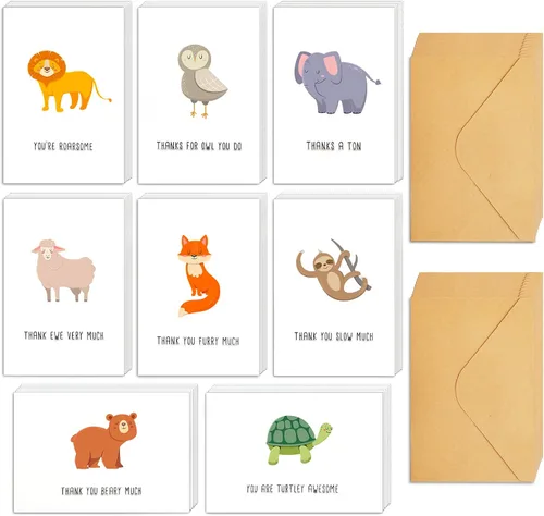 Vista 4 de Juego de 48 Tarjetas de Agradecimiento, Paquete de Tarjetas de Notas de Agradecimiento con Juegos de Palabras de Animales, Tarjetas de Animales