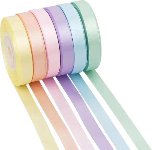 Vista 22 de Cinta de satén arco iris multicolor de 3/8 pulgadas, surtido de 6 rollos de cinta delgada de arco iris para envolver, tarjeta de invitación, Arco