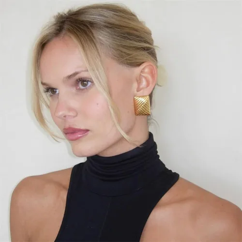 Vista 6 de Delicados aretes grandes rectangulares con textura gruesa para mujer, estilo vintage, de acero inoxidable, diseño geométrico, diseño único, joyería