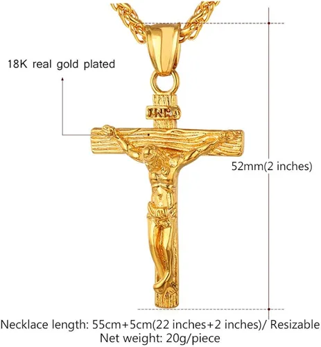 Vista 5 de U7 Men Crucifix Cross Pendant with Chain Baptism Christian Jewelry Stainless Steel18K Gold Antique Jesus Necklace Gift PackedLength 22