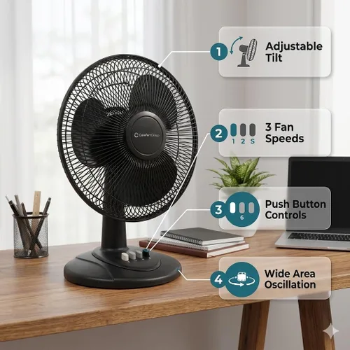 Vista 2 de Comfort Zone - Ventilador de mesa oscilante con inclinación ajustable, controles convenientes de botón de presión, silencioso, de 12 pulgadas, 3