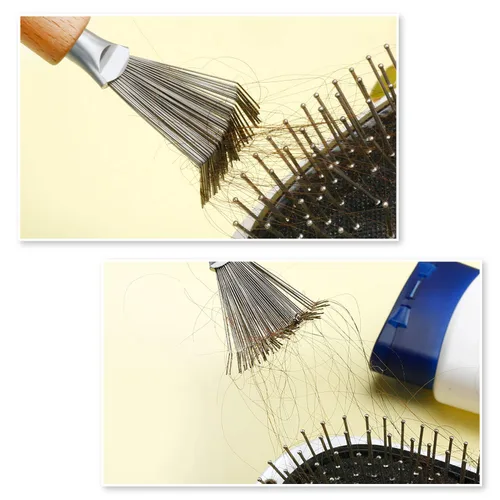 Vista 4 de Boao Limpiador de cepillo de pelo, 2 piezas de mini cepillo removedor de suciedad con rastrillo de alambre de metal, mango de madera para uso
