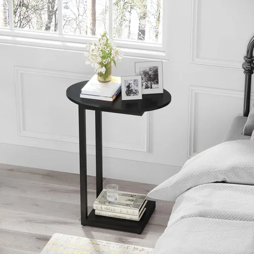 Vista 7 de Hosfais Mesa Auxiliar Pequeña, Mesa de Extremo en Forma de C, Mesa de Café de Madera para TV, Bandeja para Comer, Mesas para Sofá de Espacios Negro