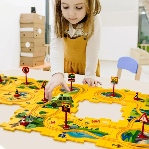 Vista 7 de Regalo de Cumpleaños para Niño de 4 Años, Set de Pista de Carros Rompecabezas para Niños con Mapa de Carretera, Set de Juego de Carros de Pista