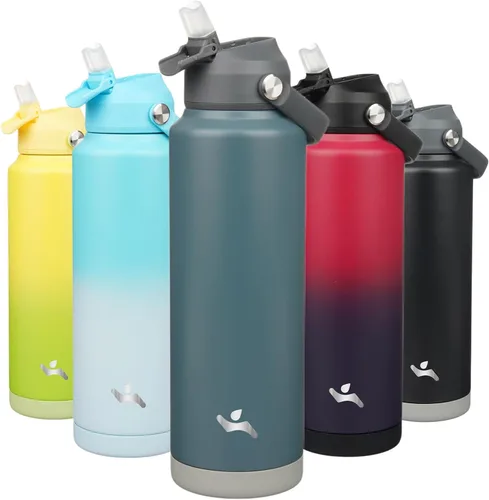 Vista 37 de Konokyo Botella de agua aislada con tapa de pajilla, botella de metal al vacío de acero inoxidable de 18 onzas con mango de silicona, color negro