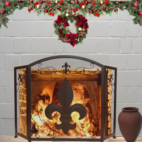 Vista 6 de BestGiftEver Pantalla decorativa para chimenea de 3 paneles con diseño de flor de lis, marrón oscuro clásico, cubierta decorativa de malla de hierro