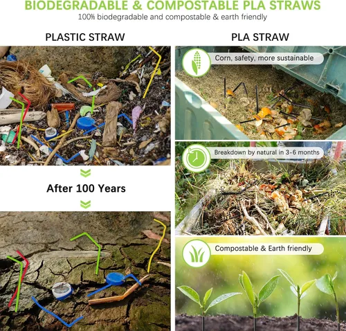 Vista 4 de 100 popotes desechables de ácido poliláctico sin plástico, pajitas biodegradables a base de plantas de maíz, sin BPA, compostables, pajitas