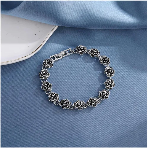 Vista 5 de Pulsera de flores de plata vintage para mujer, pulsera de flores de rosa, pulsera gótica de rosas para mujer