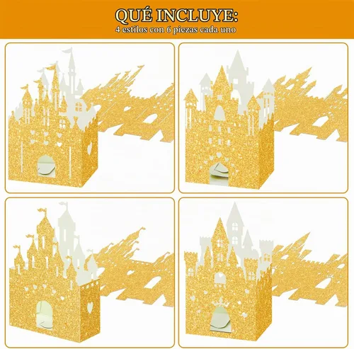 Vista 3 de Chrisfall - 24 cajas doradas de castillo de princesa con purpurina Birthday Party Supplies, Princess Theme Favors, Wedding Celebration, Candy