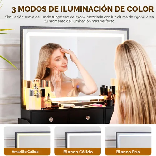 Vista 4 de COMHOMA Escritorio de tocador con espejo de luces LED y toma de corriente, pequeño juego de mesa de tocador de maquillaje con 5 cajones de Mate-Negro