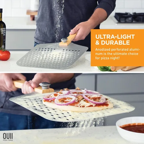 Vista 3 de Pala de Pizza Perforada de 12 x 14 Pulgadas. - Espátula de Metal de Aluminio para Parrilla con Mango Plegable. Accesorios y Herramientas para Horno