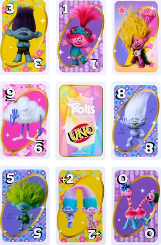 Vista 4 de Mattel Games UNO Trolls 3: Juego de cartas Band Together para niños, adultos y noche de juegos con personajes de Trolls y regla especial