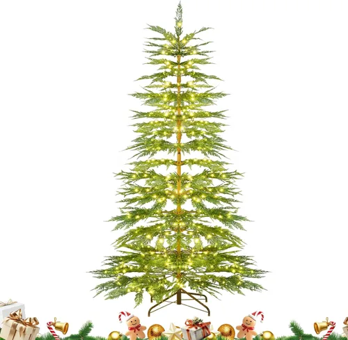 Vista 16 de HAPPYGRILL - Árbol de Navidad artificial preiluminado de 2.1 m, árbol de Navidad con nieve flocada y 320 luces LED multicolor, 8 modos de Snow Pe