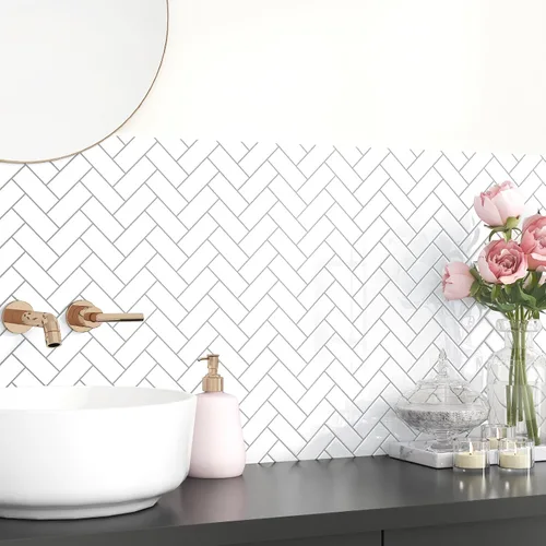 Vista 5 de Azulejo 3D de espiga blanca para salpicaduras de despegar y pegar, 10 hojas de azulejos brillantes para pared de cocina, baño, azulejos