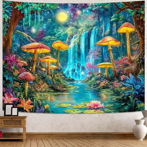 Vista 24 de Kanuyee Tapiz de luz negra de neón para colgar en la pared, bosque encantado, cascada, tapices para dormitorio, tapices UV, para colgar en la pared