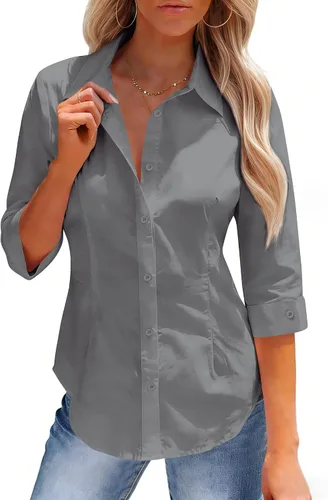 Vista 8 de siliteelon Button Down Shirts for Women: Slim Fit Stain Shield 3/4 Sleeve Dress Shirt Formal Work Button Up Blouses