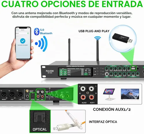 Vista 8 de AX-666 Mezclador Profesional de Karaoke Procesador KTV con Micrófonos Inalámbricos Duales, Sistema de Procesador de Efectos de Audio Vocal de Efecto