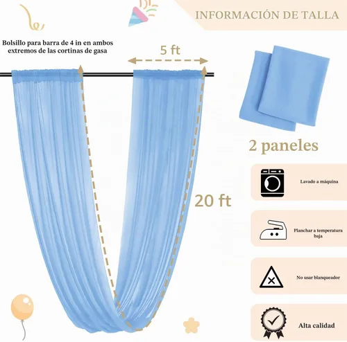 Vista 6 de MODFUNS Cortinas de boda para decoración de techo, cortinas de arco de boda azul bebé, 5 x 20 pies, 2 paneles de gasa transparente, cortina de tul