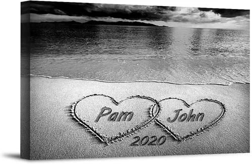 Vista 11 de Corazón y corazón en hermoso amanecer fotos personalizadas únicas o impresiones en lienzo con nombres de pareja y fecha especial en la playa, regalo
