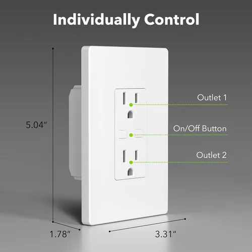 Vista 6 de Interruptor inteligente de toma de corriente WiFi en pared, 2 tomas individuales, funciona con función de temporizador compatible con Alexa y Google