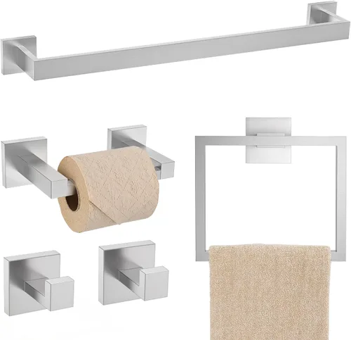 Vista 22 de Juego de 4 soportes para toallas de baño, juego de accesorios de baño de acero inoxidable negro y dorado, montaje en pared, 23.6 pulgadas