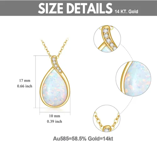 Vista 4 de YDD Collar de ópalo blanco de oro macizo de 14 quilates para mujer, delicado colgante de lágrima con ópalo con diamante genuino, piedra natal