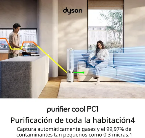 Vista 2 de Purificador de aire Dyson Pure Cool PC1, ventilador de torre con filtro HEPA, controlado por aplicación y control remoto, oscilación de 350°, 10