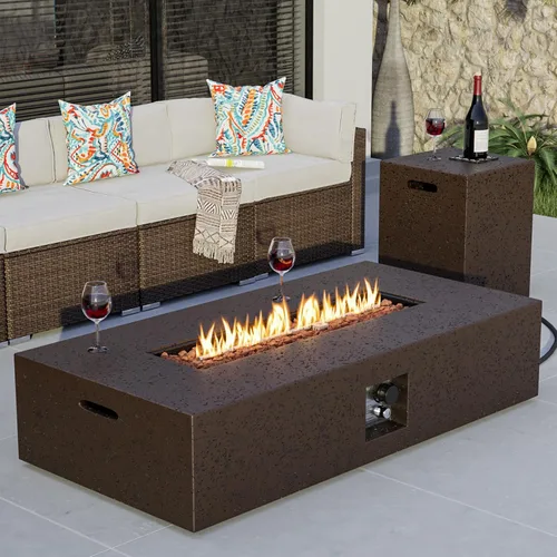 Vista 33 de COSIEST mesa cuadrada de propano para exteriores de arenisca con protector contra el viento, certificada, quemador de acero inoxidable de 50,000
