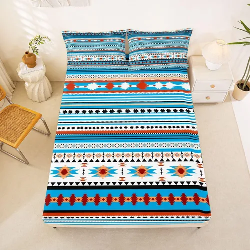 Vista 9 de Juego de ropa de cama de estilo bohemio occidental, tamaño individual, diseño de vaca atrapasueños, sábana bajera ajustable del suroeste, tribu