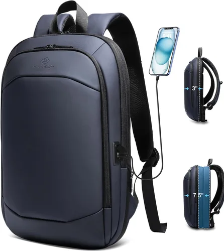 Vista 14 de hk Mochila de negocios para hombres de 17 pulgadas, delgada y expandible, impermeable, mochila de viaje para laptop con puerto de cargador USB, Negro