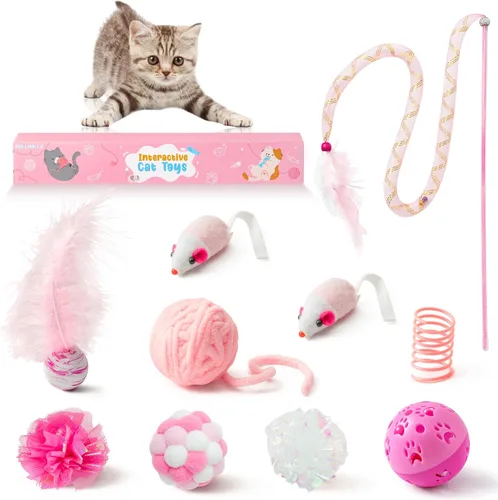 Vista 9 de MALLMALL6 Juego de juguetes interactivos para gatos, paquete de 27 piezas, paquete de 27 piezas, plumas rosadas, varita, resortes, ratones, sisal