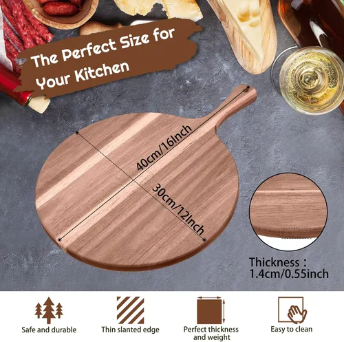 Vista 2 de 2 tablas redondas de madera para cortar pizza charcutería de 16 x 12 pulgadas, tabla de servir de acacia, paleta de queso de cáscara de madera
