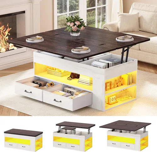Vista 11 de Itaar - Mesa auxiliar con tapa elevable, mesa de centro 4 en 1 con almacenamiento y compartimento oculto, mesa de centro de estilo granja con 2