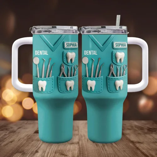 Vista 4 de Celebra tu pasión por la odontología con herramientas esenciales, vaso personalizado de 40 onzas con popote, regalo para profesionales dentales