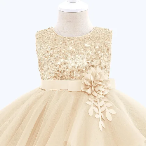 Vista 4 de Vestidos de niña de flores sin mangas de lentejuelas hinchado vestido de tul de la boda de la dama de honor del concurso bautismo cumpleaños vestido