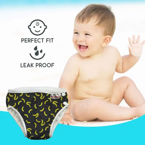 Vista 3 de Pañal de natación reutilizable ecológico hecho de tela orgánica tamaño para bebés a niños pequeños, plátano negro, paquete de 2 (SL 3-4T