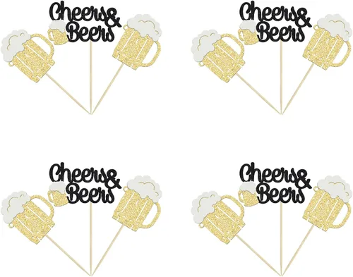 Vista 3 de Gyufise 24 piezas de decoración para cupcakes de Cheers and Beers - Taza de cerveza con purpurina negra para cupcakes, baby shower, cumpleaños
