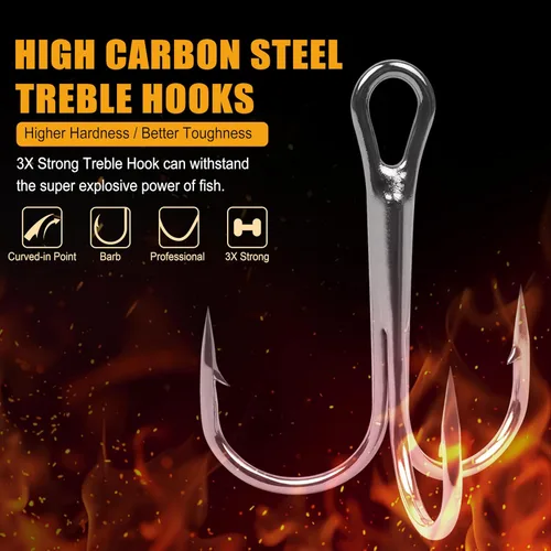 Vista 2 de Fishing Treble Hooks Kit, High Carbon Steel Treble Hook Strong Sharp Round Bend Fishing Hook Triple Fish Hook with Split Rings for Trout Hard Bait