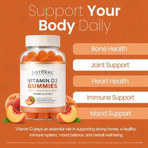 Vista 5 de Gomitas de vitamina D3 K2 sin azúcar 5000 UI + K2 MK7 80 mcg - Gomitas de vitamina D para adultos con prebióticos y fibra - Apoya los huesos