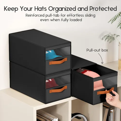 Vista 4 de Homsorout Organizador de sombreros para gorras de béisbol, paquete de 3 cajas de almacenamiento extraíbles con ventana transparente, soporte