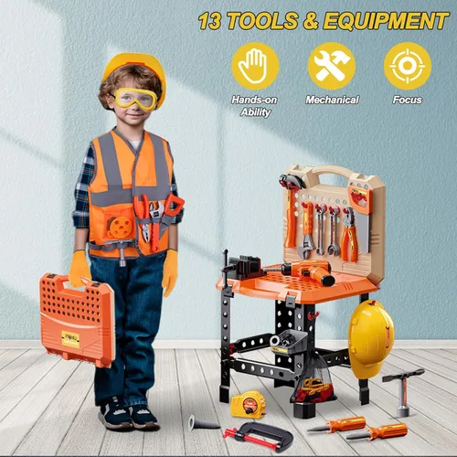 Vista 5 de Juego de Mesa de Herramientas para Niños, MAGIC4U 95 Piezas Mesa de Trabajo de Herramientas para Niños Pequeños con Taladro Electrónico, 13 Equipos