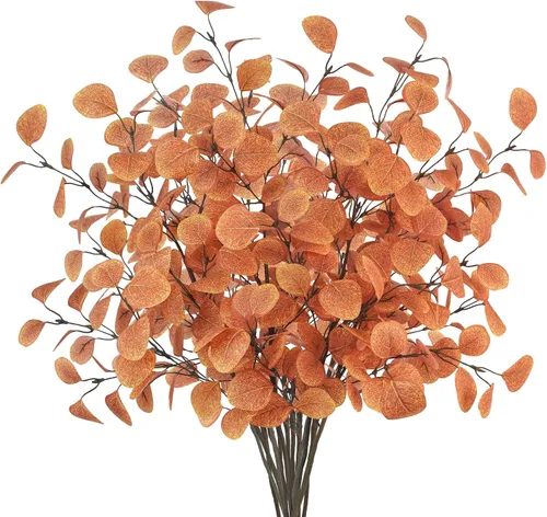 Vista 10 de 4 tallos de hojas artificiales de eucalipto de 33.8 pulgadas, ramas de eucalipto naranjas, flores de otoño falsas para el hogar, chimenea, granja