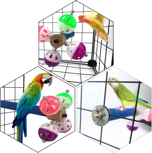 Vista 5 de FlidRunest Juguete de perca con bolas giratorias para pájaros, juguete natural de perca de loro de superficie rugosa, bolas de campana de pájaro