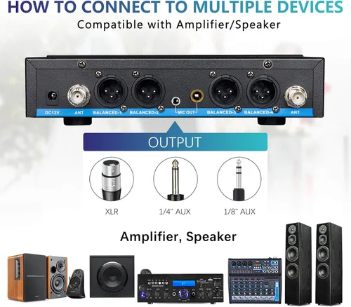 Vista 6 de Sistema de micrófono inalámbrico recargable de 4 canales Pro, micrófonos inalámbricos de mano UHF con control VOL Echo Treble BASS, pantalla LCD