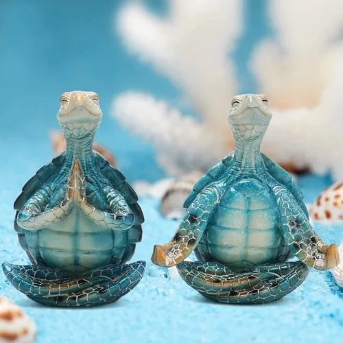 Vista 3 de Juego de 2 figuras de yoga de tortuga marina – Decoración de tortuga meditadora de verano para jardín de primavera, decoración de oficina en casa