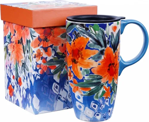 Vista 10 de DUSVALLY Taza de viaje de cerámica de 17 onzas con tapa, taza de café de arte abstracto, taza de té moderna de mediados de siglo con asa, apta